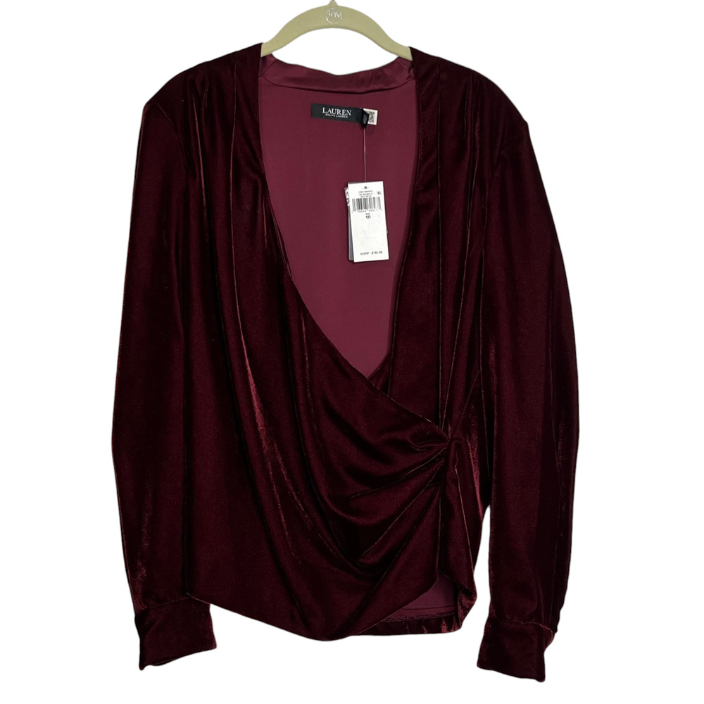 Lauren Ralph Lauren Womens Faux Wrap Velvet Blouse Size 14 Dark Wine $165 Retail